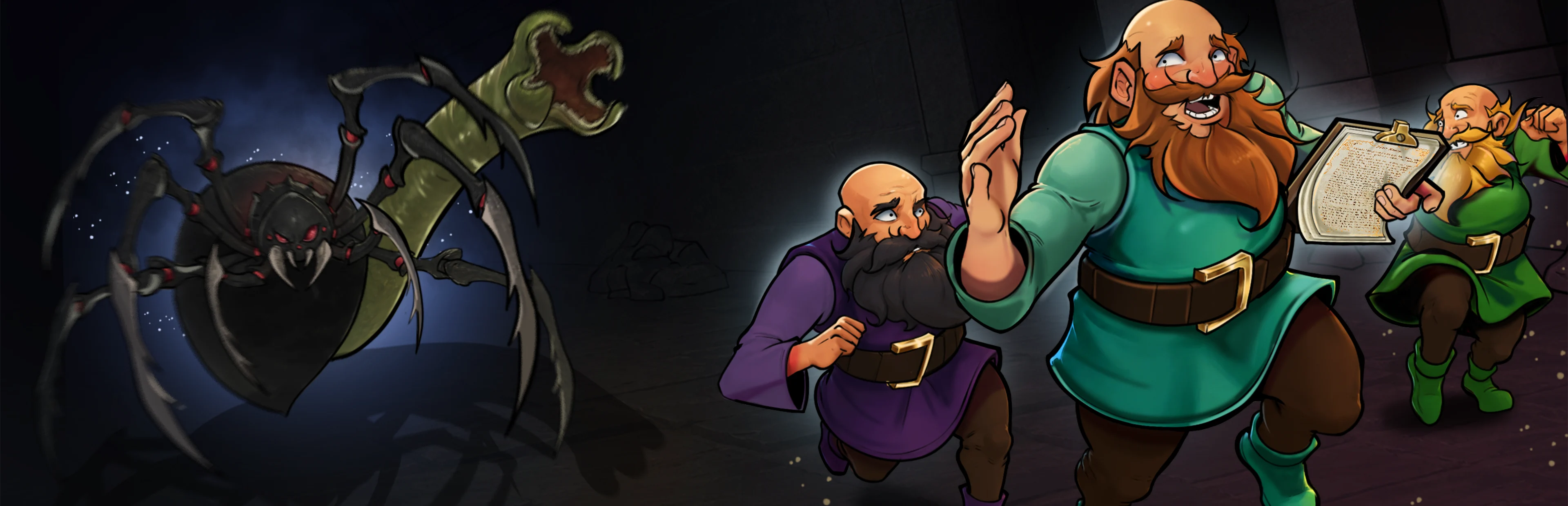 Claims & Caverns key art showing three dwarven insurance adjusters fleeing cavern monsters